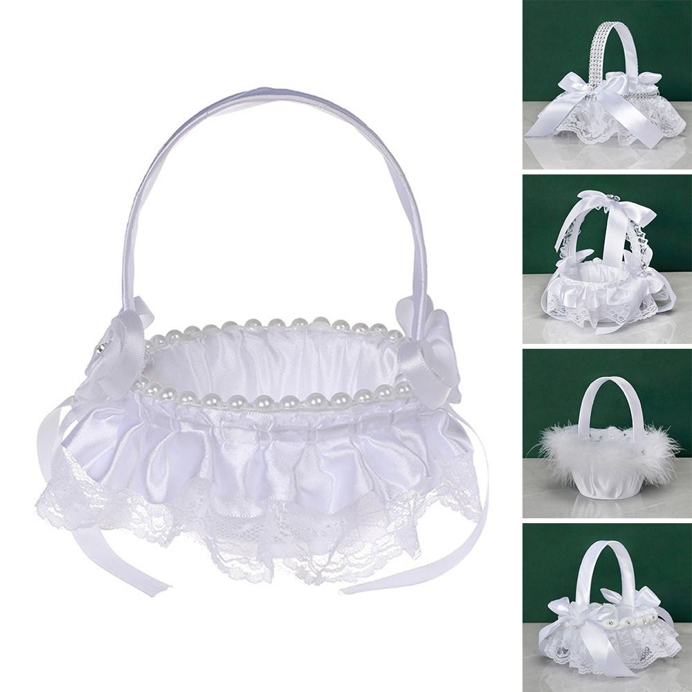 Gardening Tools Girls - ตะกร้าดอกไม้งานแต่งงานสไตล์ยุโรปประดับมุกและคริสตัลสำหรับเด็กผู้หญิง ตะกร้าดอกไม้งานแต่งงานสีขาวสุดโรแมนติก