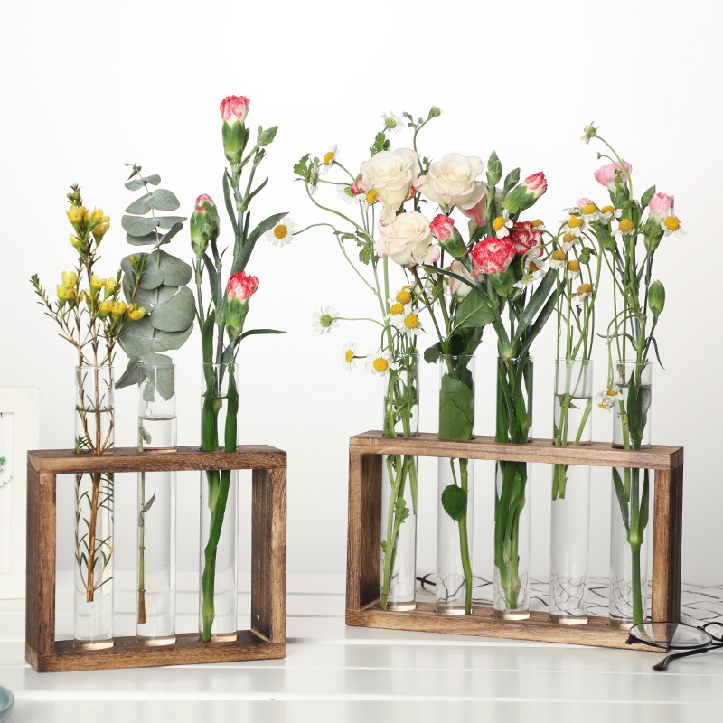 Self-Watering Planter - 5 หลอดแก้ว Hydroponic Planter พร้อมขาตั้งไม้, self-รดน้ําผนัง/เดสก์ท็อปแจกันสําหรับในร่ม